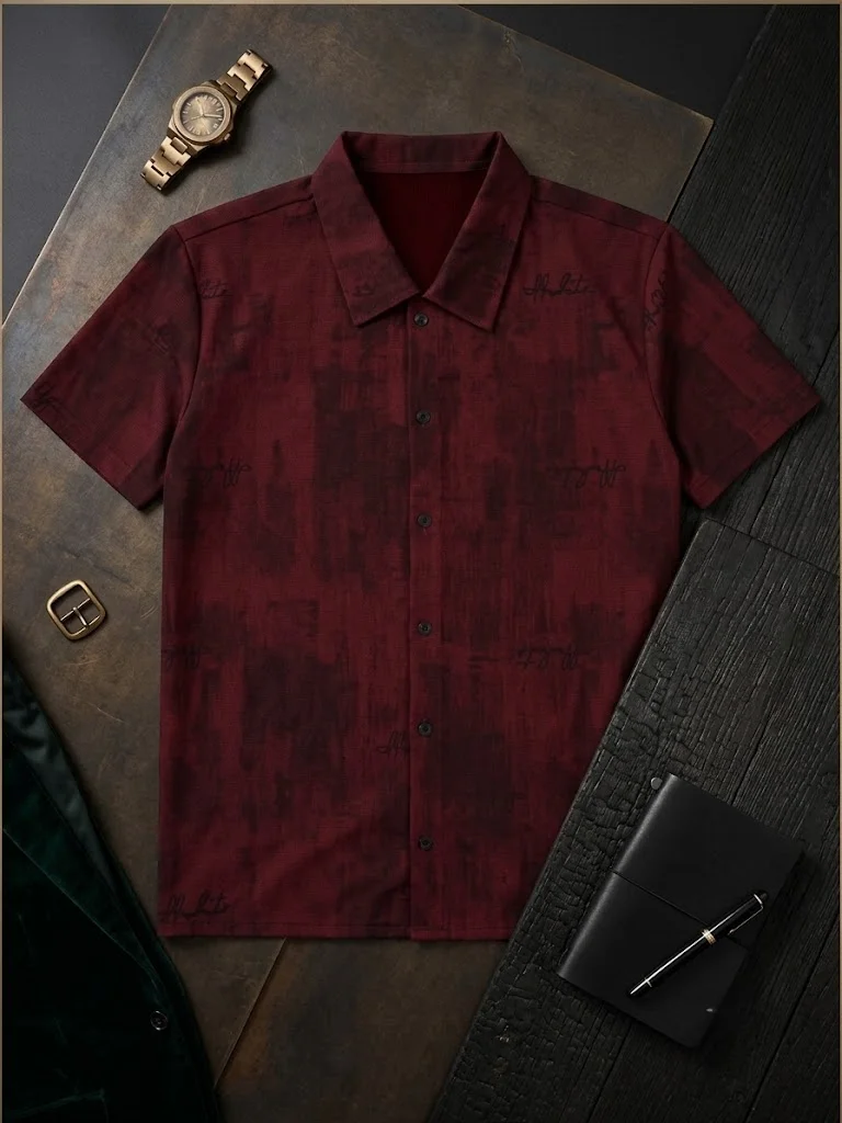 Men'S Cuban Collar Short Sleeve Shirt, Maroon Printed Loose Fit Button Down Casual Summer Beach Tops For Daily Wear