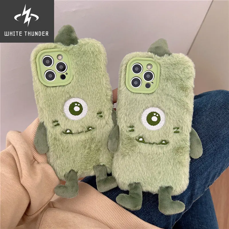 3D Cute Ears Green Little Monster Fur Plush Phone Case For IPhone 13 Pro Max Case 12 11 Pro X XS XR 7 8 Plus SE 2020 Soft Cover