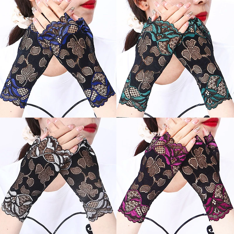 1Pair Fashion Double Color Half Finger Lace Gloves Dance Performance Gloves Gothic Punk Party Glove Sunscreen Breathable