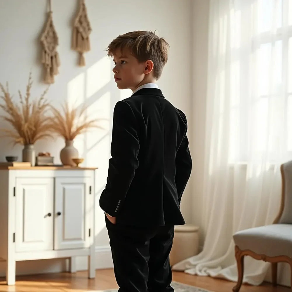 Fashion Velvet Boy Suits Black Notch Lapel Single Breasted Children 3 Piece Sets High-end Party Wedding Formal Kids Clothes