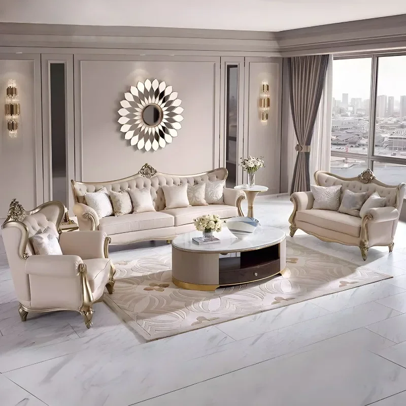 French cream style solid wood leather sofa