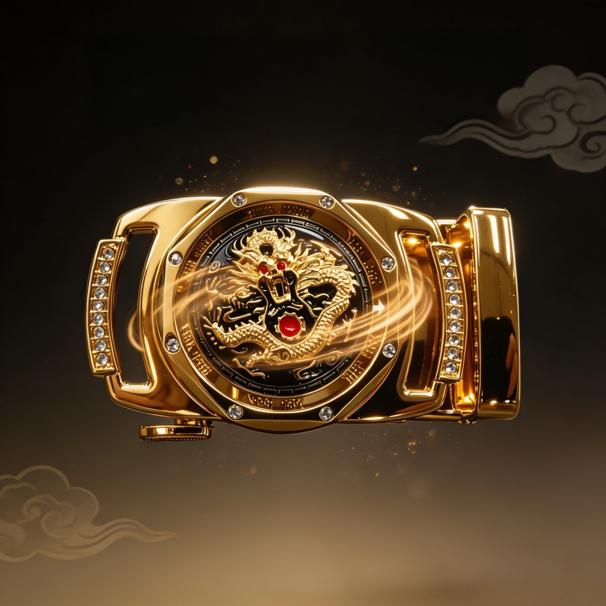 Men's Golden Automatic Belt Buckle Only, 3D Embossed Chinese Dragon Ratchet Belt Head with Rhinestone Inlay, Luxury Diamond Deco