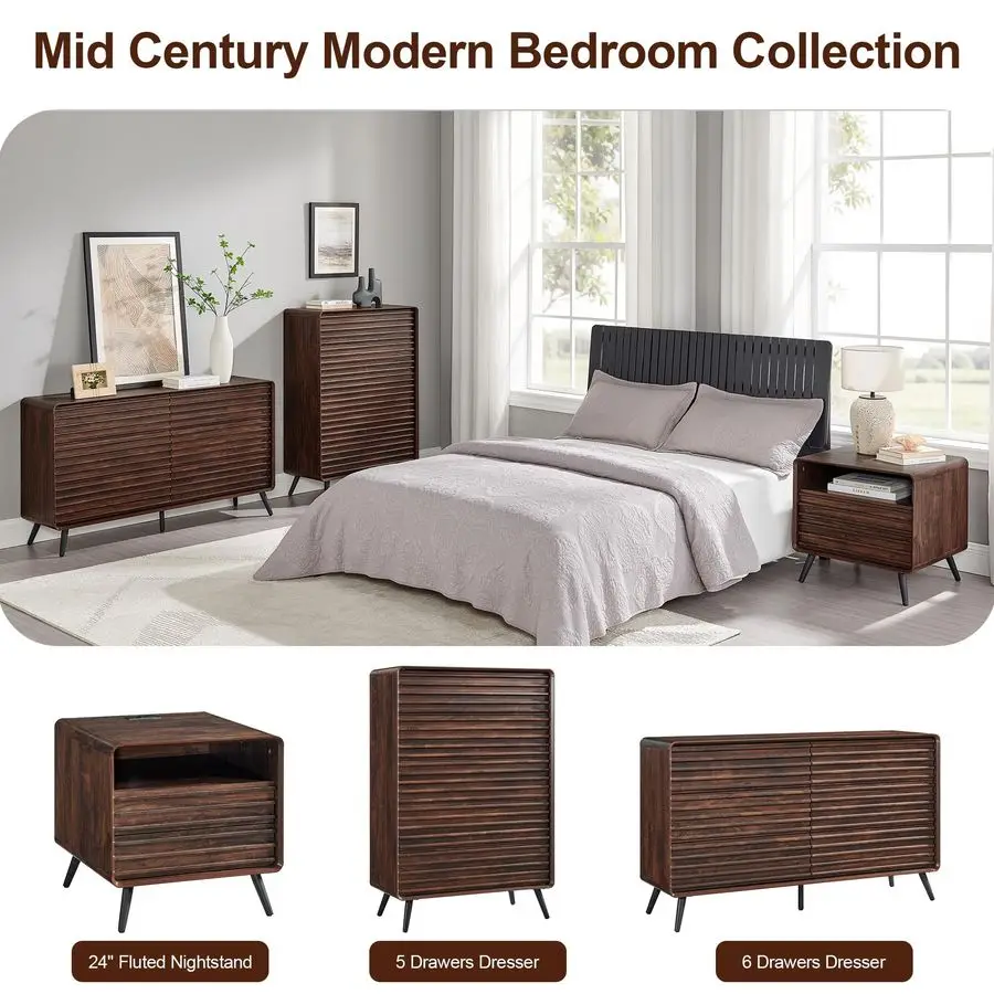 Cômoda de 6 gavetas para quarto, cômoda dupla canelada de madeira moderna de meados do século de 54 largura, cômoda com perna cônica para cama