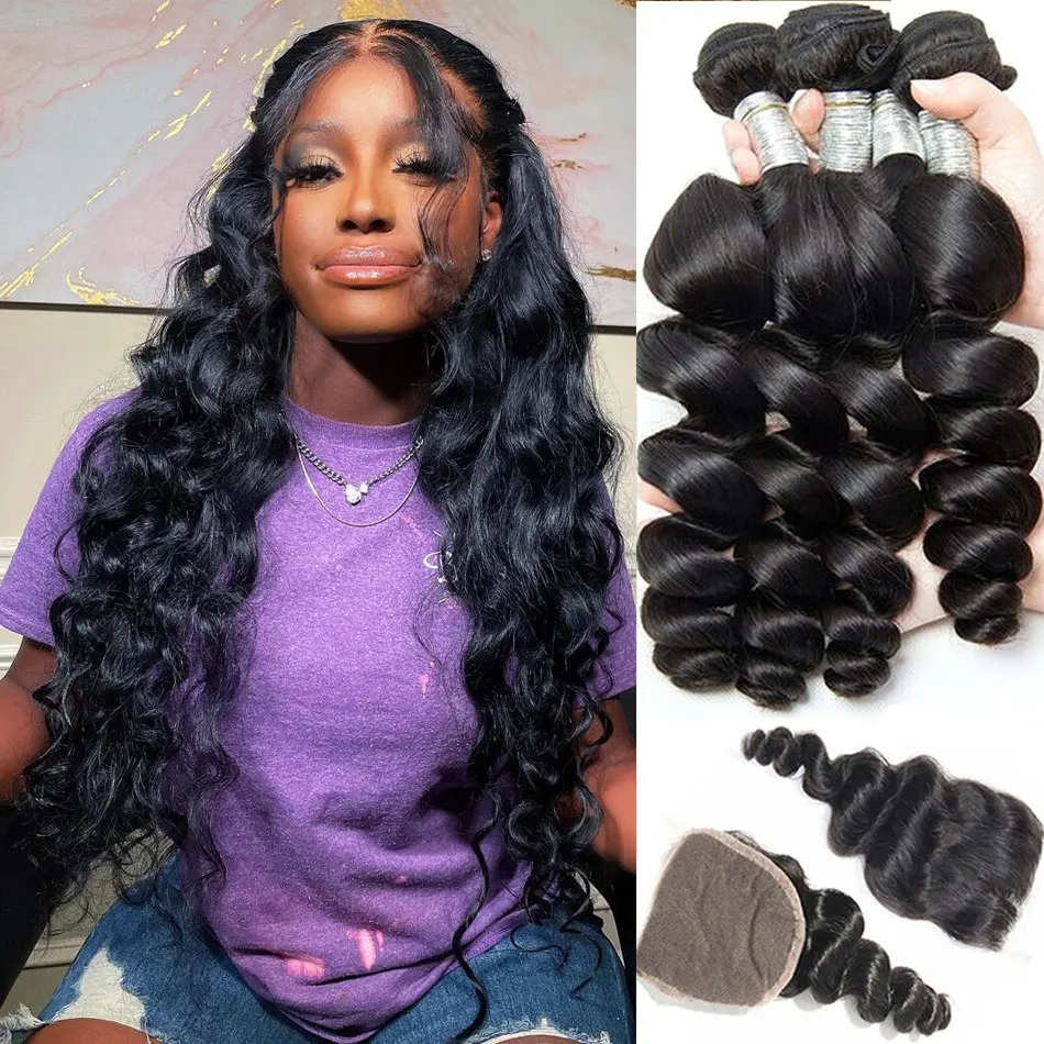 

Cheap 12A Loose Wave Human Hair Bundles With Closure Indian Hair Weave 3/4 Bundles With HD Frontal Closure Wavy Hair Extensions