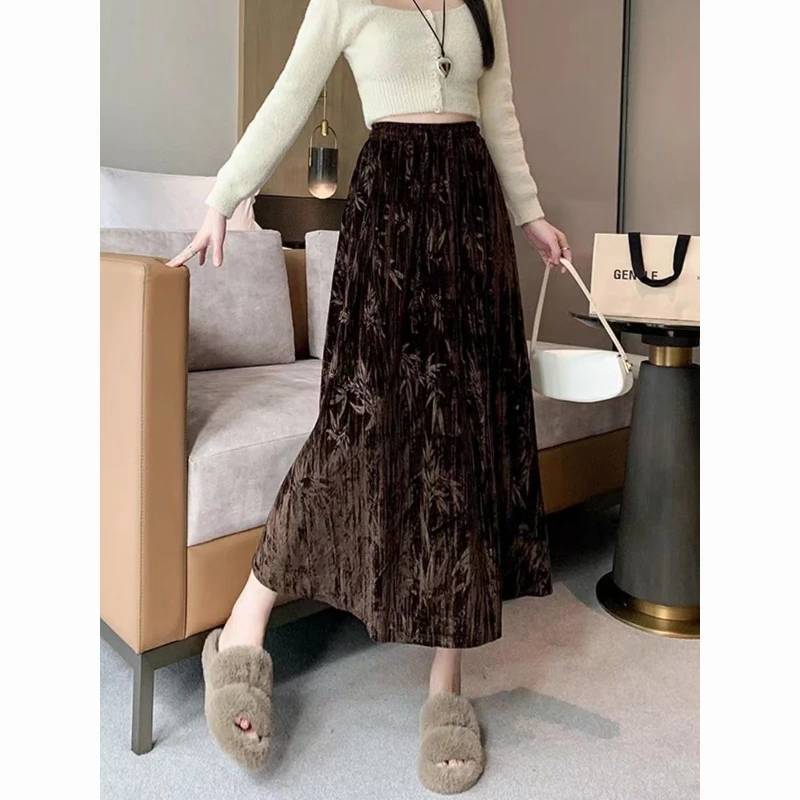 Golden Velvet Half Body Skirt for Women High Waist Medium Length Large Umbrella Skirt