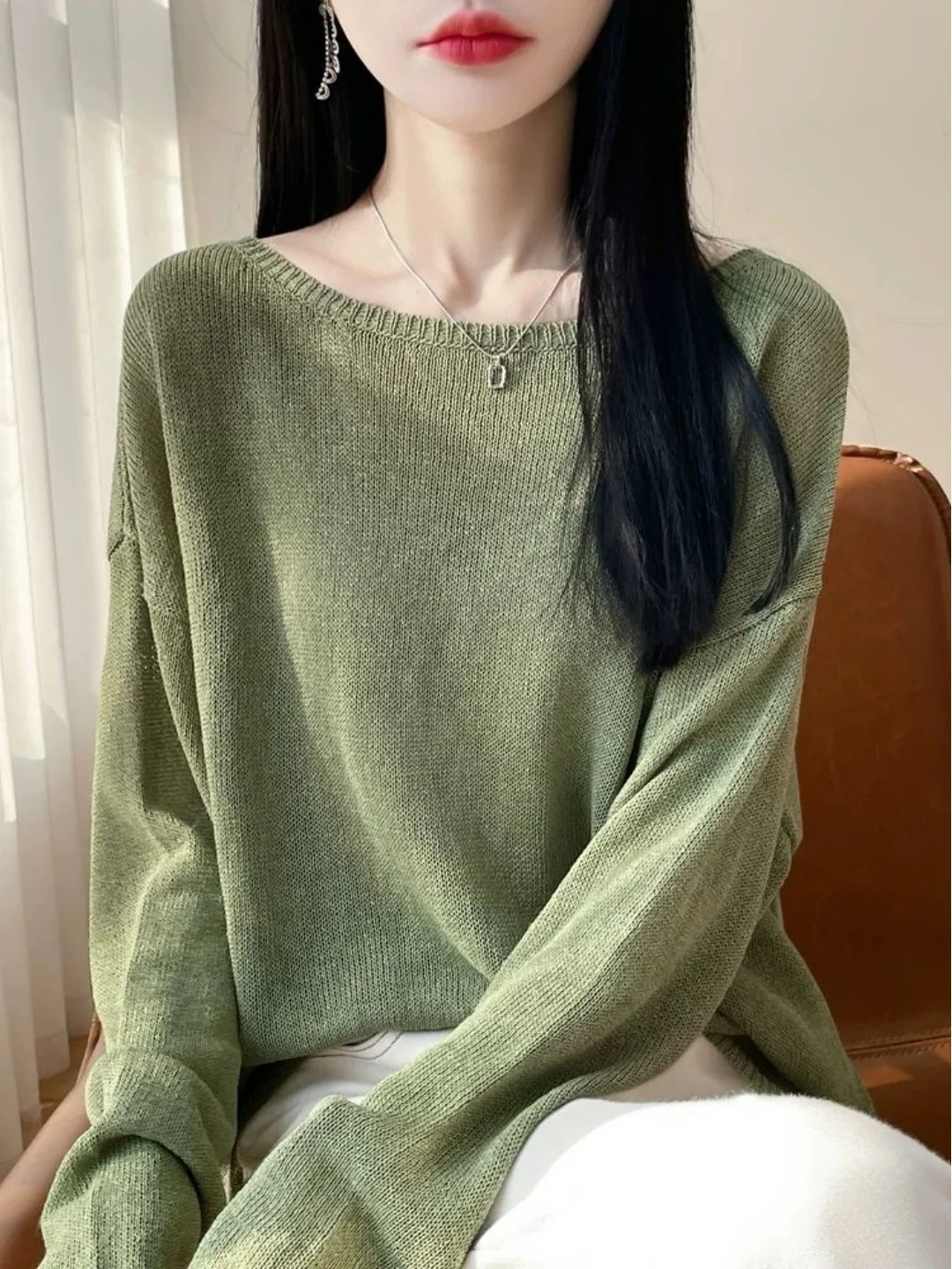 Loose Fit  Color Knitted Long Sleeve Crew Neck Women's T-Shirt Casual Style plus Size Early Autumn Slimming Top
