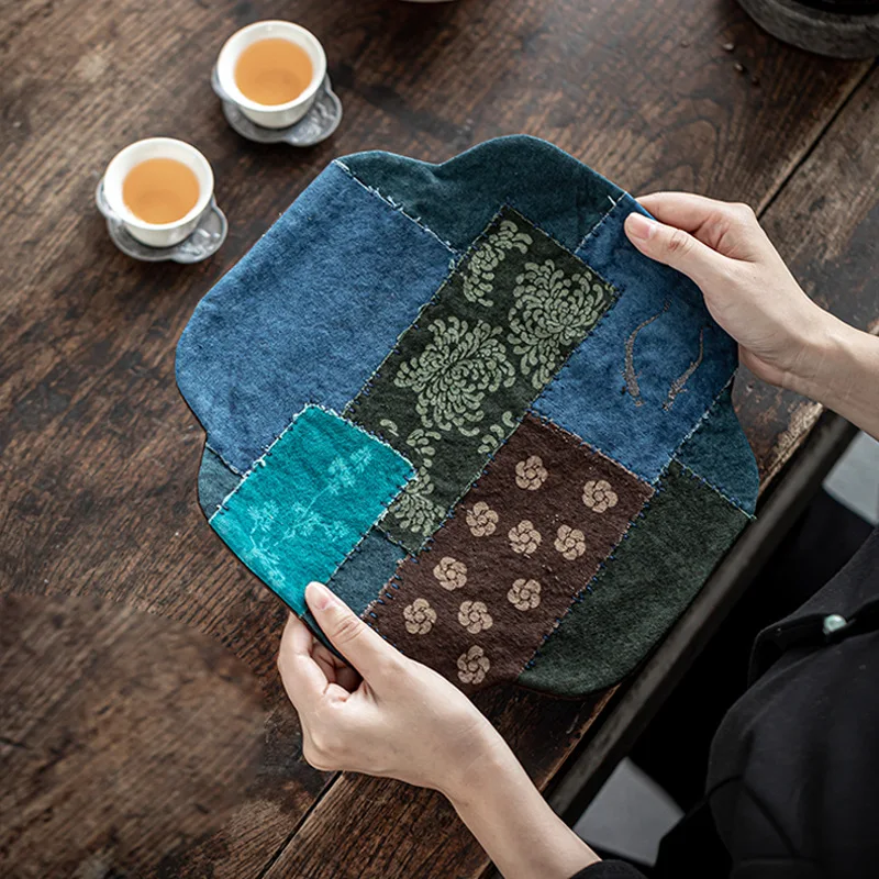 Persimmon-dyed tea mat,handcrafted double-sided tea tray,pot holder,dry brewing pad,hand-stitched embroidered tea cloth,tea flag