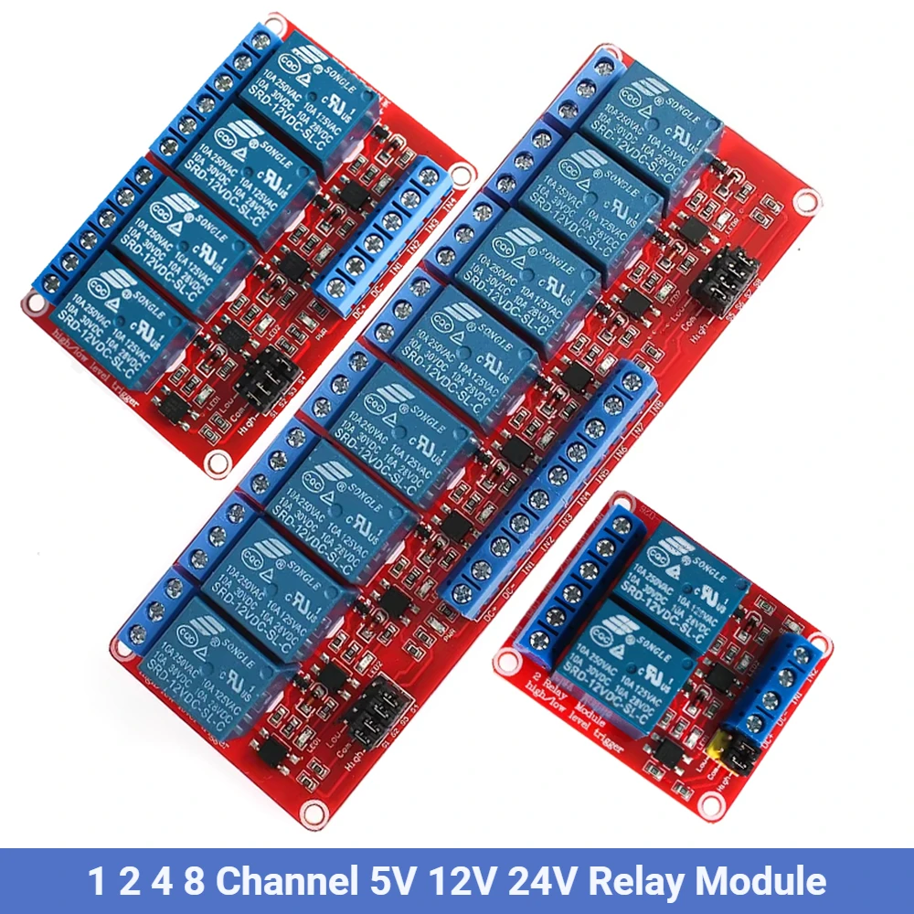 Escudo de placa de módulo de relé de 1 2 4 8 canales 5V 12V 24V con soporte de optoacoplador disparador de nivel alto y bajo para Arduino