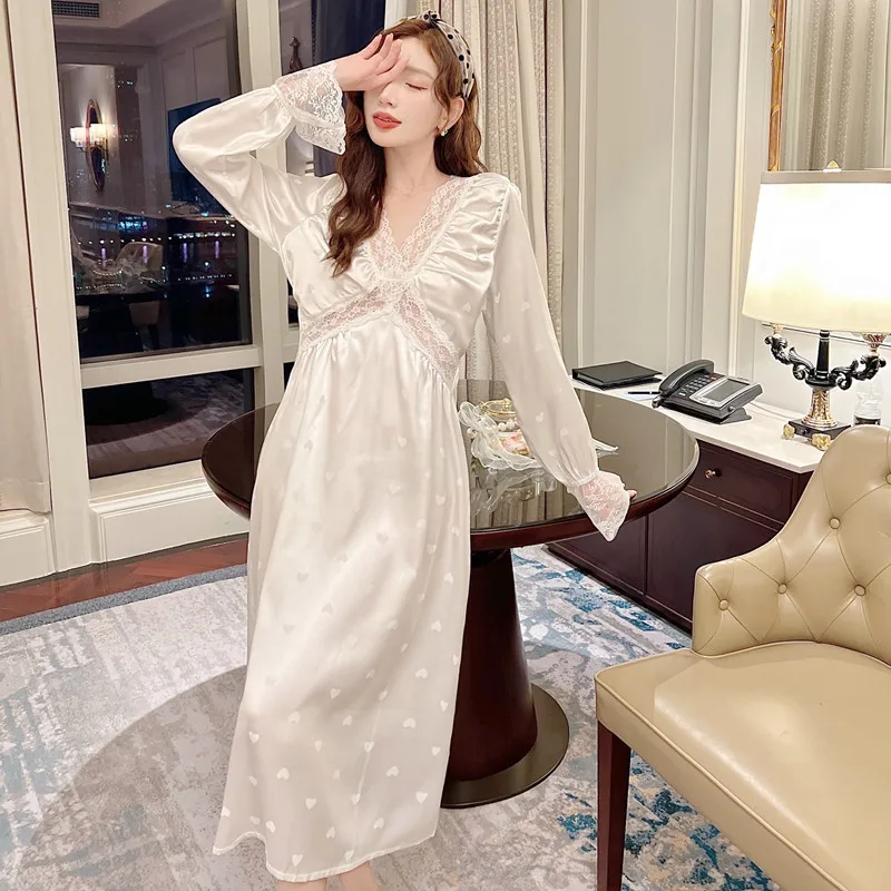 Lady Spring Ice Silk Lace Elegant Nightdress Sleepwear Women Long Sleeve Sexy Dress Casual Loose Nightgowns Comfortable Negligee