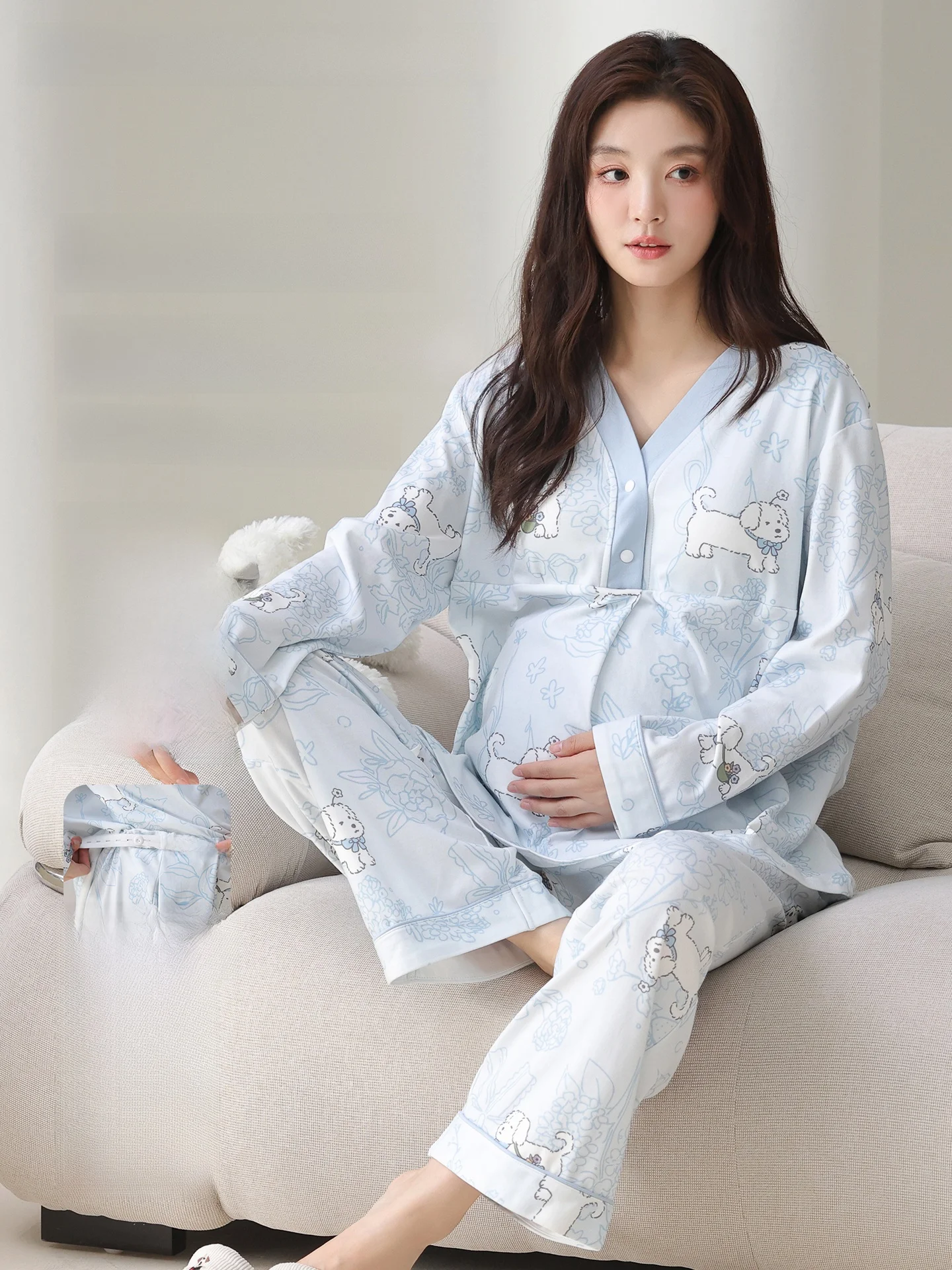 yaloo-maternity-sleepwear-women's-cotton-padded-long-sleeve-summer-thin-home-clothes-breastfeeding-friendly-v-neck-loose-fit