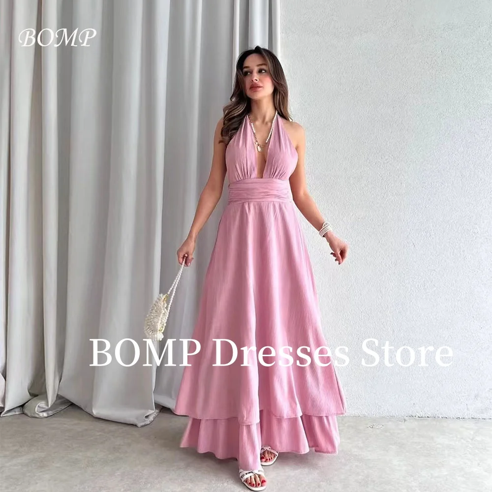 

BOMP Elegant Halter Evening Dresses Baby Pink A-Line Ruffles Backless Floor Length Prom Gown Cocktail Party Dress Customized