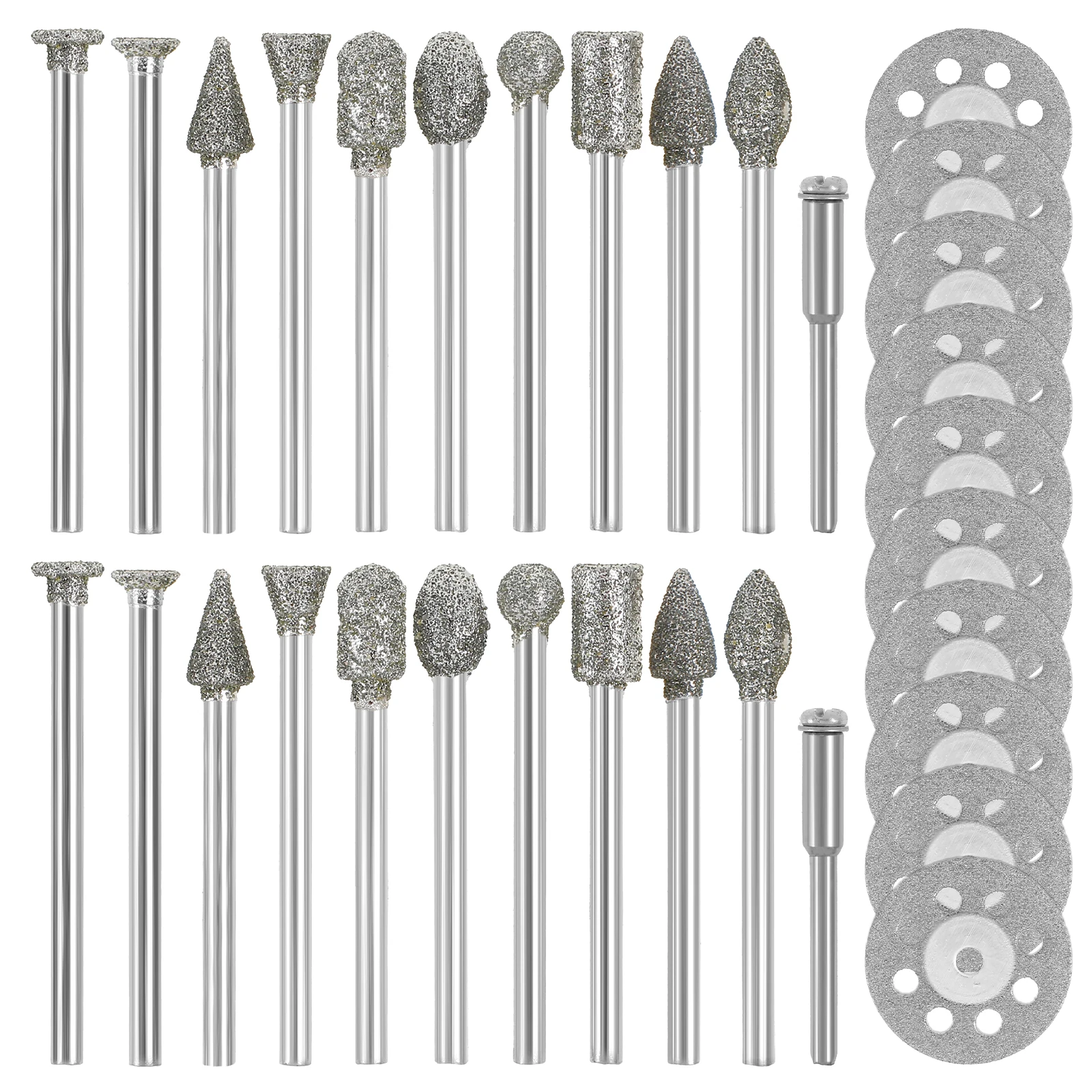 32Pcs Diamond Burr Bit and Cutting Wheel Set 1/8 Inch Shank Rotary Tool Diamond Burrs Set with 2 Mandrels for Polishing Stone
