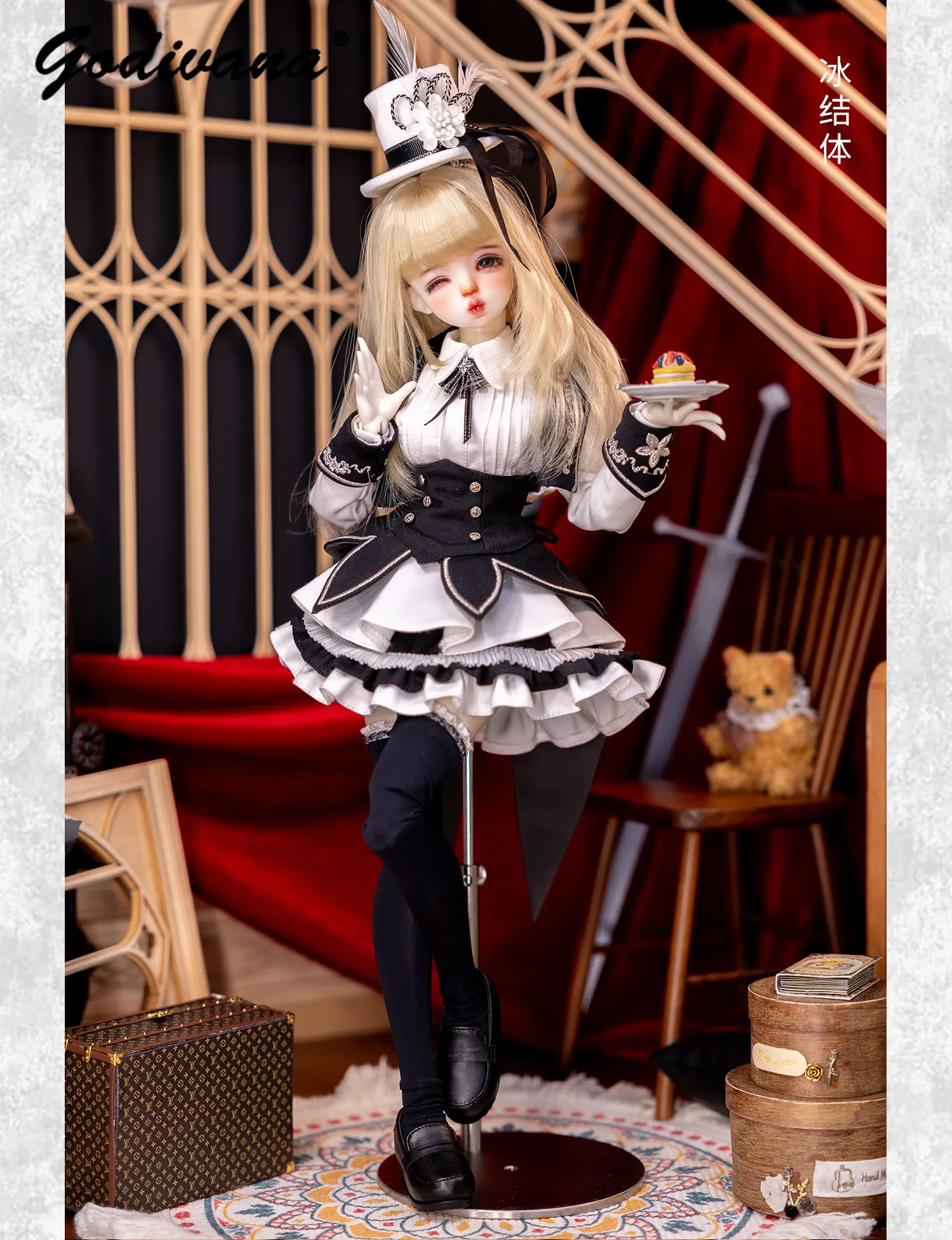 Large 1/4 BJD Noble Dress College Preppy Black White Maid Doll Suit Vintage Embroidered Ruffle Tiered Skirt Handmade Doll Set