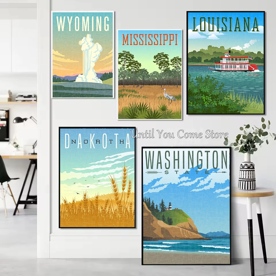 Majestic Mountains and Tranquil City Scenery Retro Poster Print Canvas Art Pictures Home for Bedroom Wall Decor Frameless