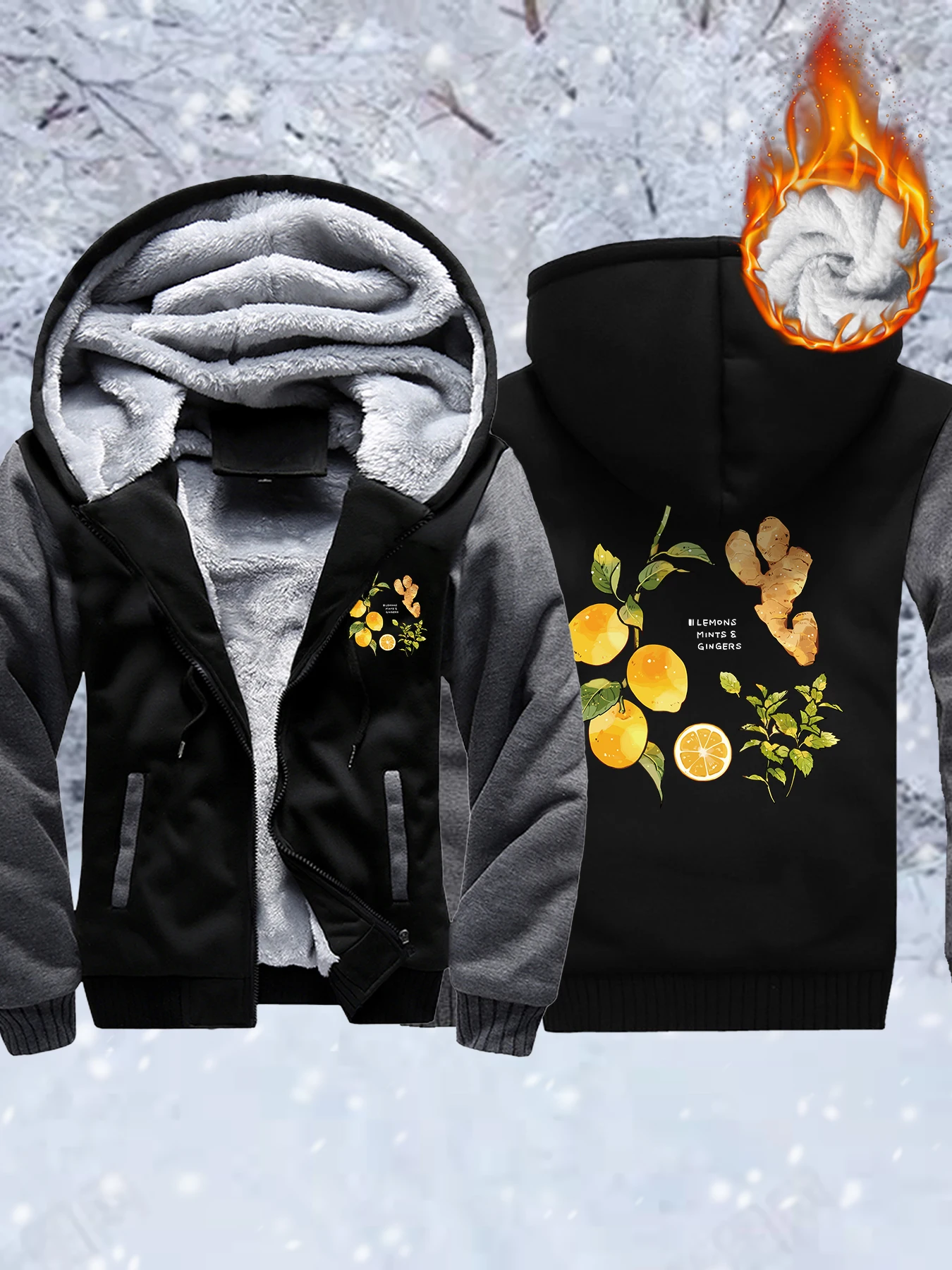 Lemons Mints Gingers Design Men Thicken Streetwear Zipper Winter Jacket Casual Oversized Autumn Coats All-Match Pocket Hoodies
