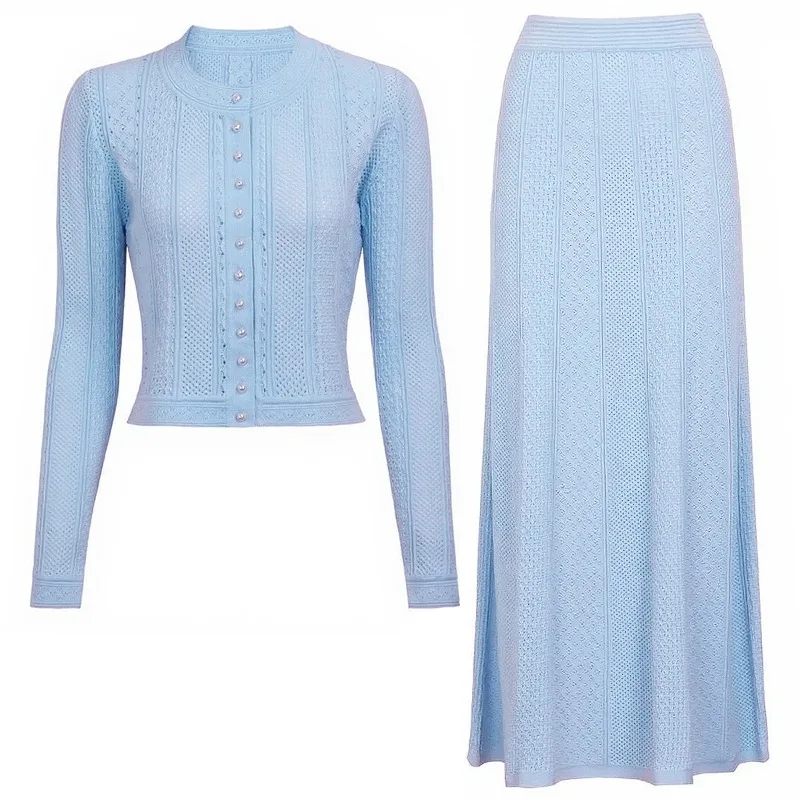 Fashionable 2025 Spring Autumn Women's Long-Sleeved Hollow Cardigan Coat+Skirt Two-piece Sets Knitted Elastic Skirt Set