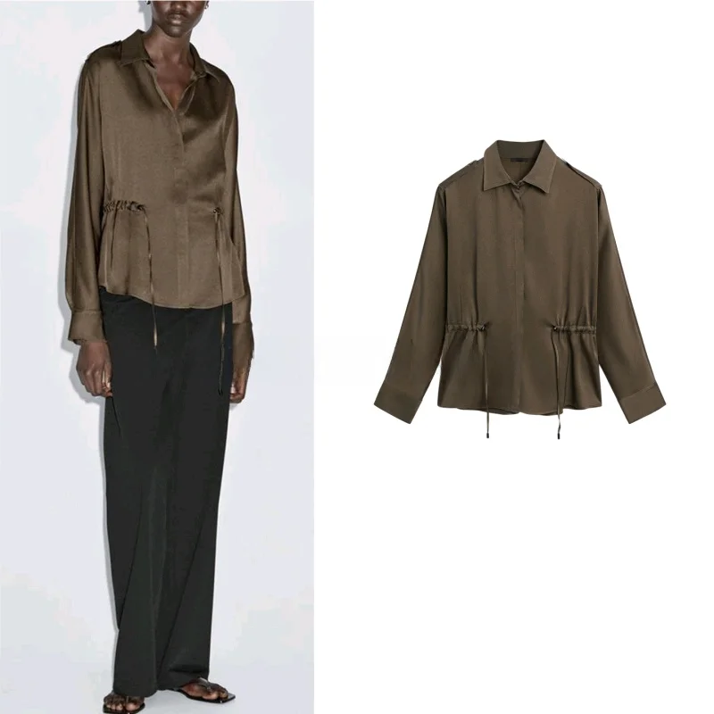 

MD Autumn New Women's irt Casual Sle Long Sve Dra Sense New Matures Commute Sle Dstring Waist Top