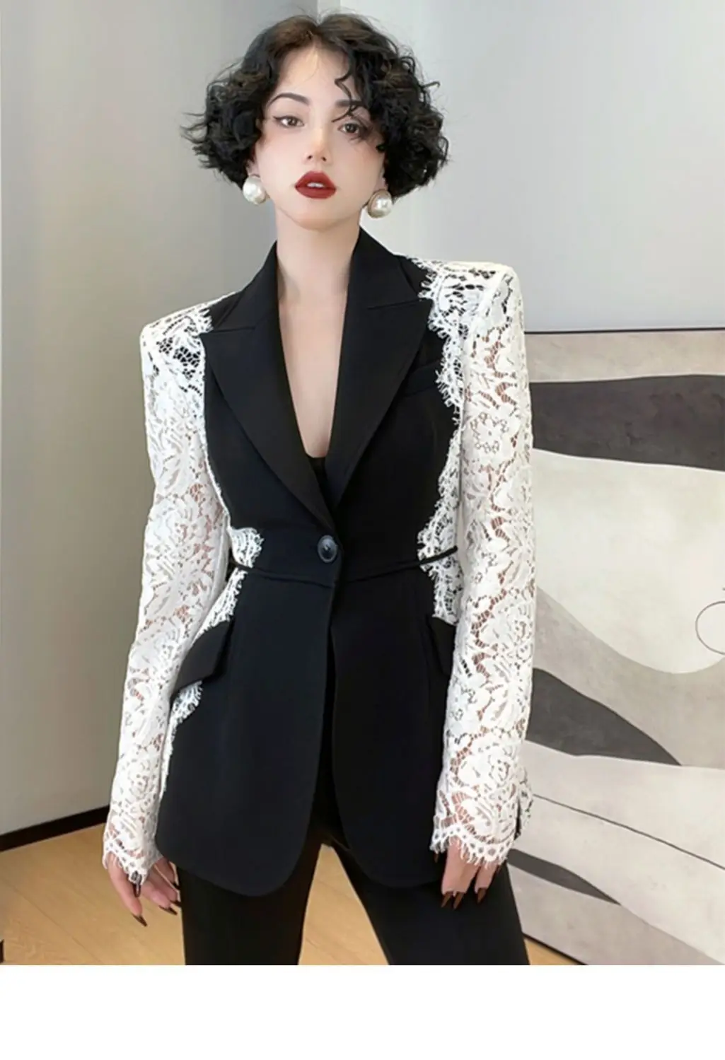 

New Design Women's Fashion Patchwork Lace Blazer Suits 2024 Spring Single Breasted 2 Pieces Clothes Lady Blazer Coat + Trousers