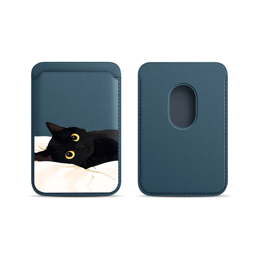 Schwarze Katzen-Leder-Kartenhülle für das Handy, geeignet für alle iPhone-Hüllen, Magsafe magnetische Kartenhalterung, einfache Handy-Rückentasche – Detail 7