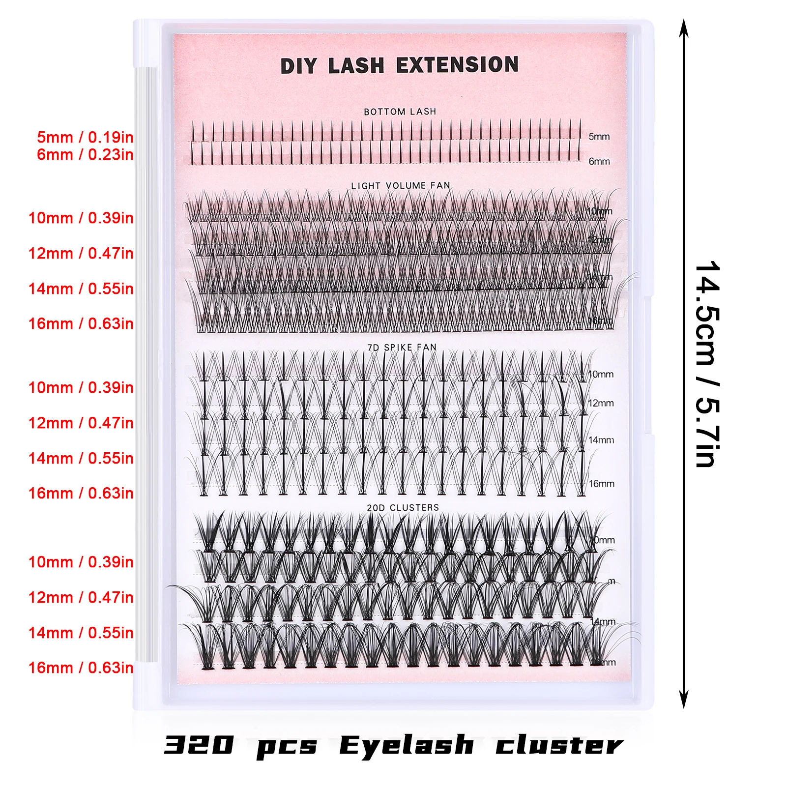 Extensões individuais de cílios postiços, 7D Spike Fans, 20D Cluster, DIY cílios, 5-16mm Bottom Lash, maquiagem para profissionais, 320pcs