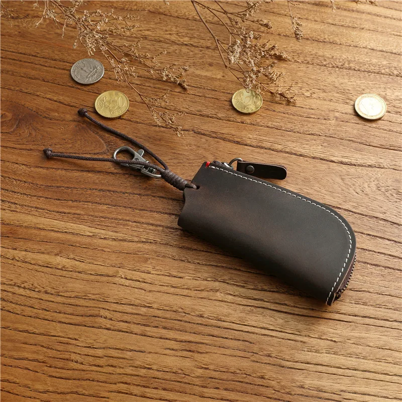 Cow Leather Keychain Wallet Men Vintage Car Key Holder Wallet Keys Pouch Simple Zipper Keys Organizer