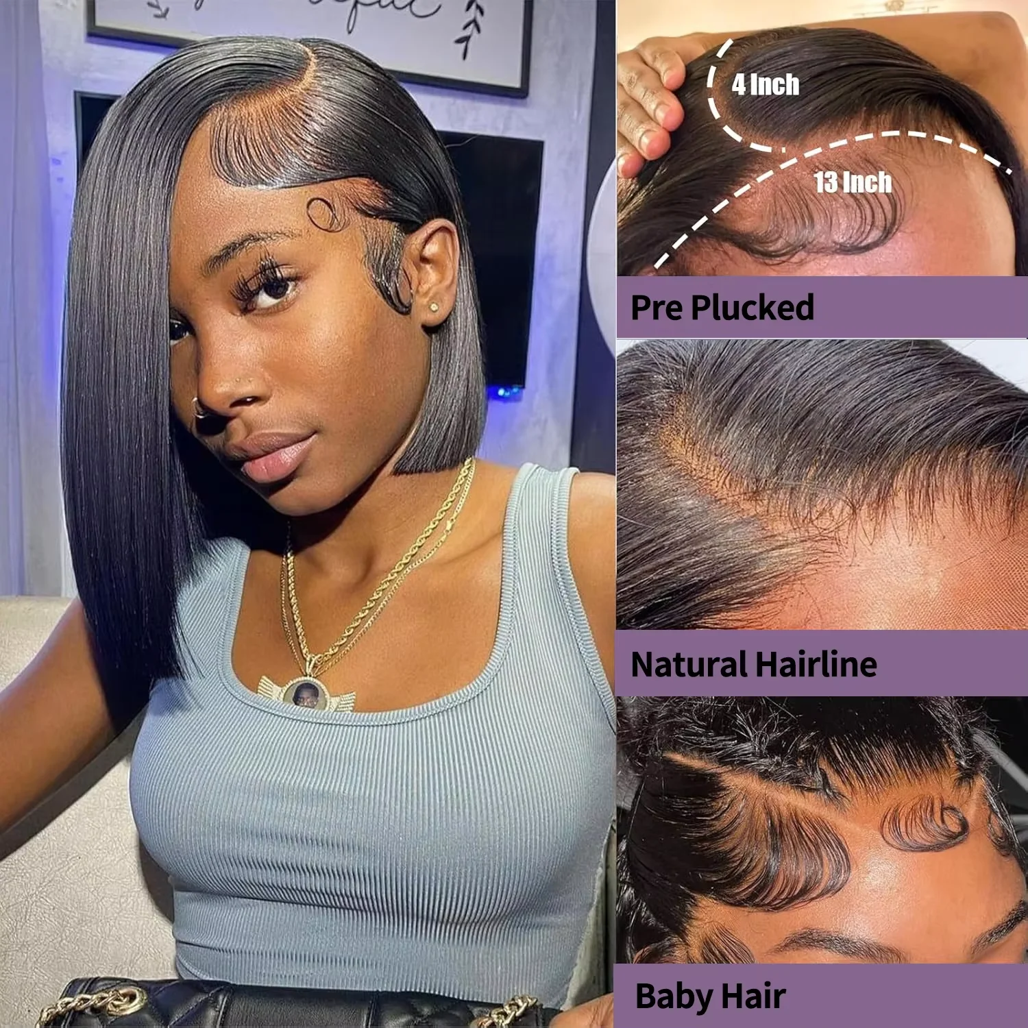 200 Density Bob Short Wig 14 Inch Straight Lace Front Human Hair Wig 13x4 Transparent Lace Frontal Human Hair Bob Wigs For Women