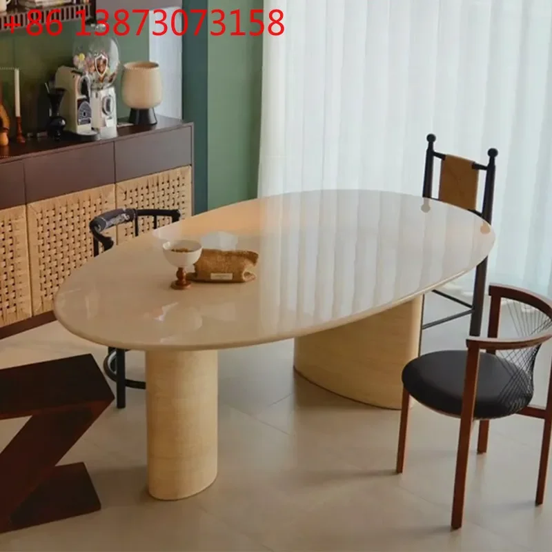 

Wabi Sandy Wind Natural Stone Dining Table Customized Creative Travertine Table Homestay Reception Marble Workbench