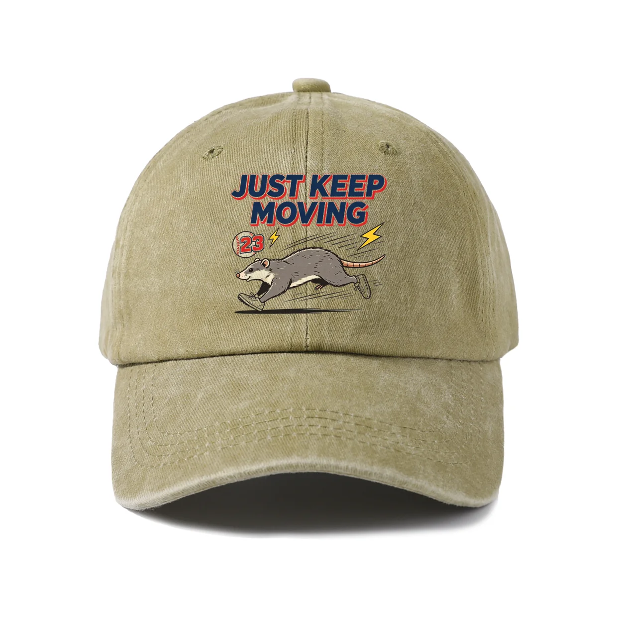 Just Keep Moving Possum Graphic Vintage Washed Baseball Cap, Adjustable Unisex Dad Hat, Weekend Gift