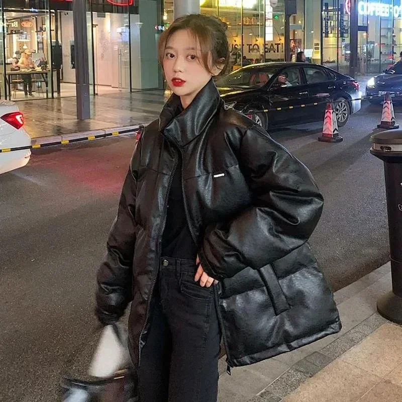 Pop Pop Black Women Parkas Korean Baggy Cotton Jacket New Pu Leather Thicken Winter Outwear Fashion Stand Collar Warm Waterproof