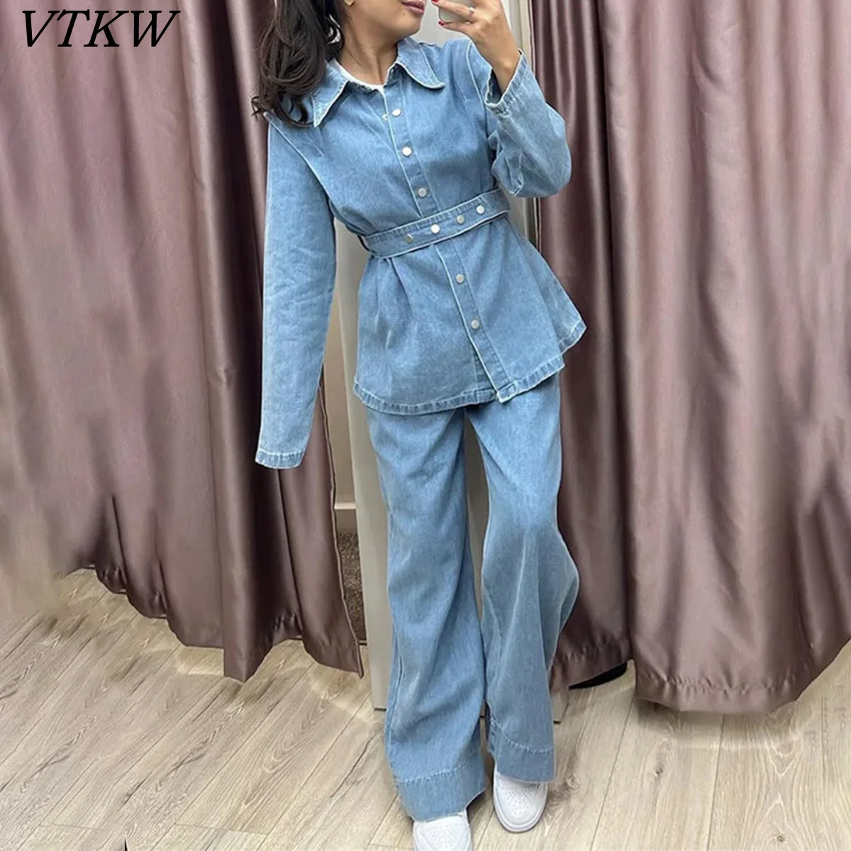 

VTKW 2025 Women’s Casual Denim Two Piece Set Lapel Belted Jacket Slim Pants Elegant Vintage Chic Premium Solid New Spring Autumn