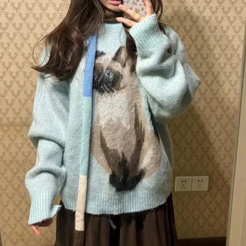 Sky Blue Lovely Cute Kitten Cat Pattern Jacquard Sweater Y2K E-girl Loose Winter Knitwear Tops Japanese Harajuku Kawaii Clothes