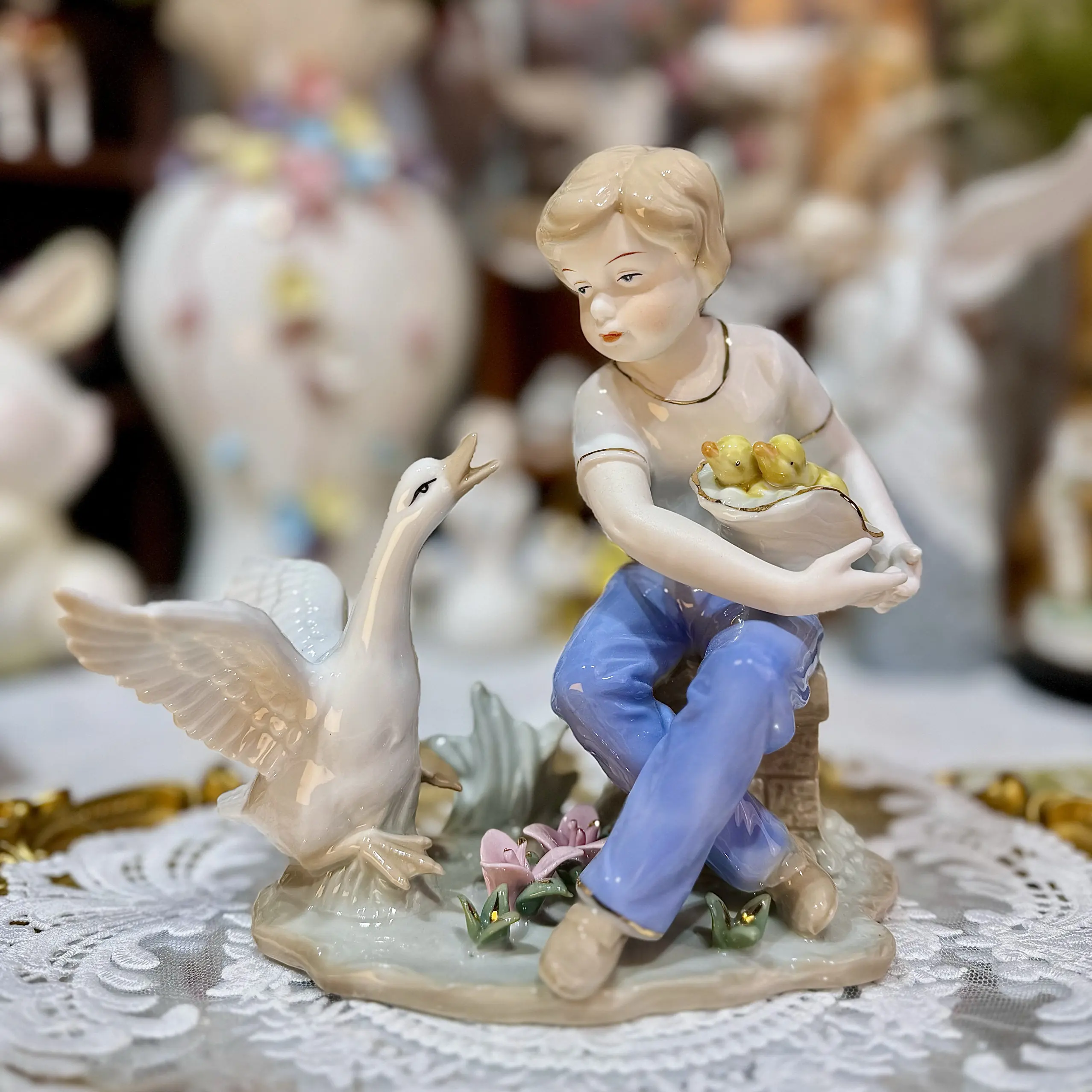 European Vintage Porcelain Boy Figurine with Duck & Ducklings Ceramic Character Statue Home Living Room Decorative Ornament Gift