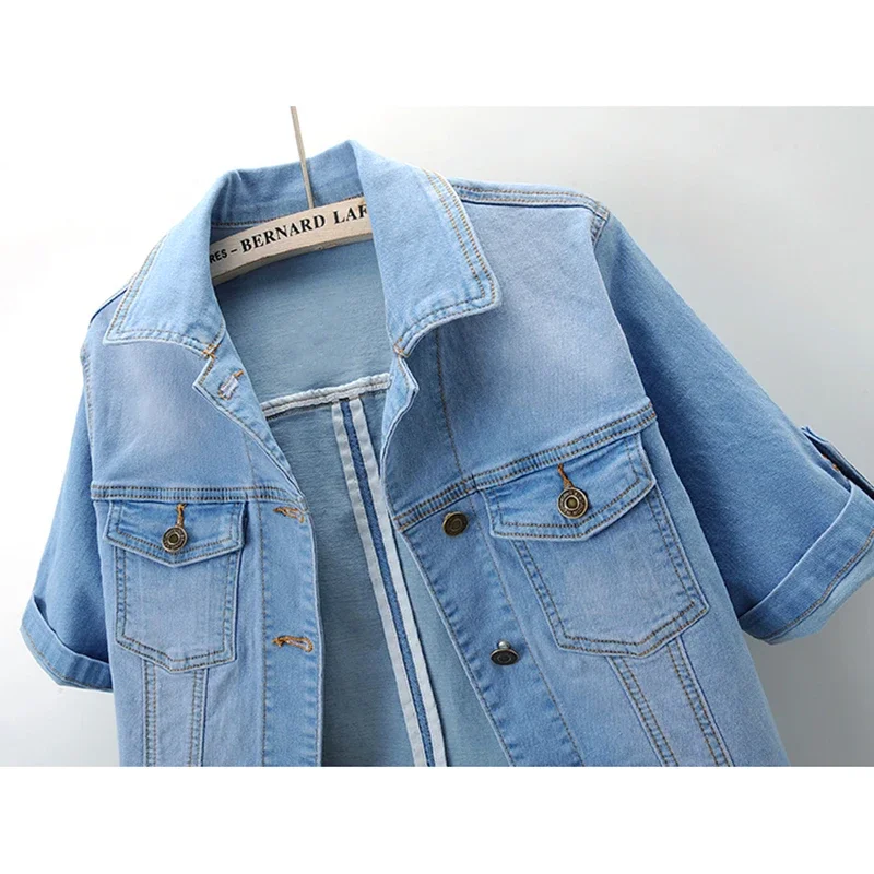 

Korean Vintage Blue Thin Short Sleeve Pocket Denim Jacket Women Student Slim Short Cowboy Outerwear Casual Jeans Jacket Female