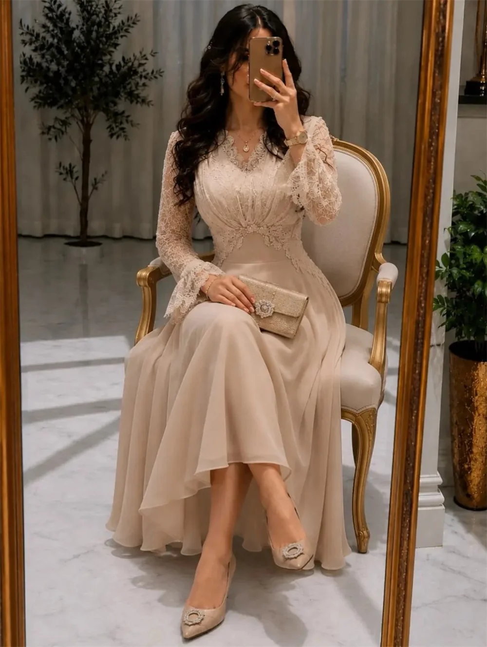 Sansa Customized Champagne Prom Dresses Lace Patchwork Long Sleeve V‑Neck A‑Line Vestidos De Noche Ankle‑Length Formal Evening