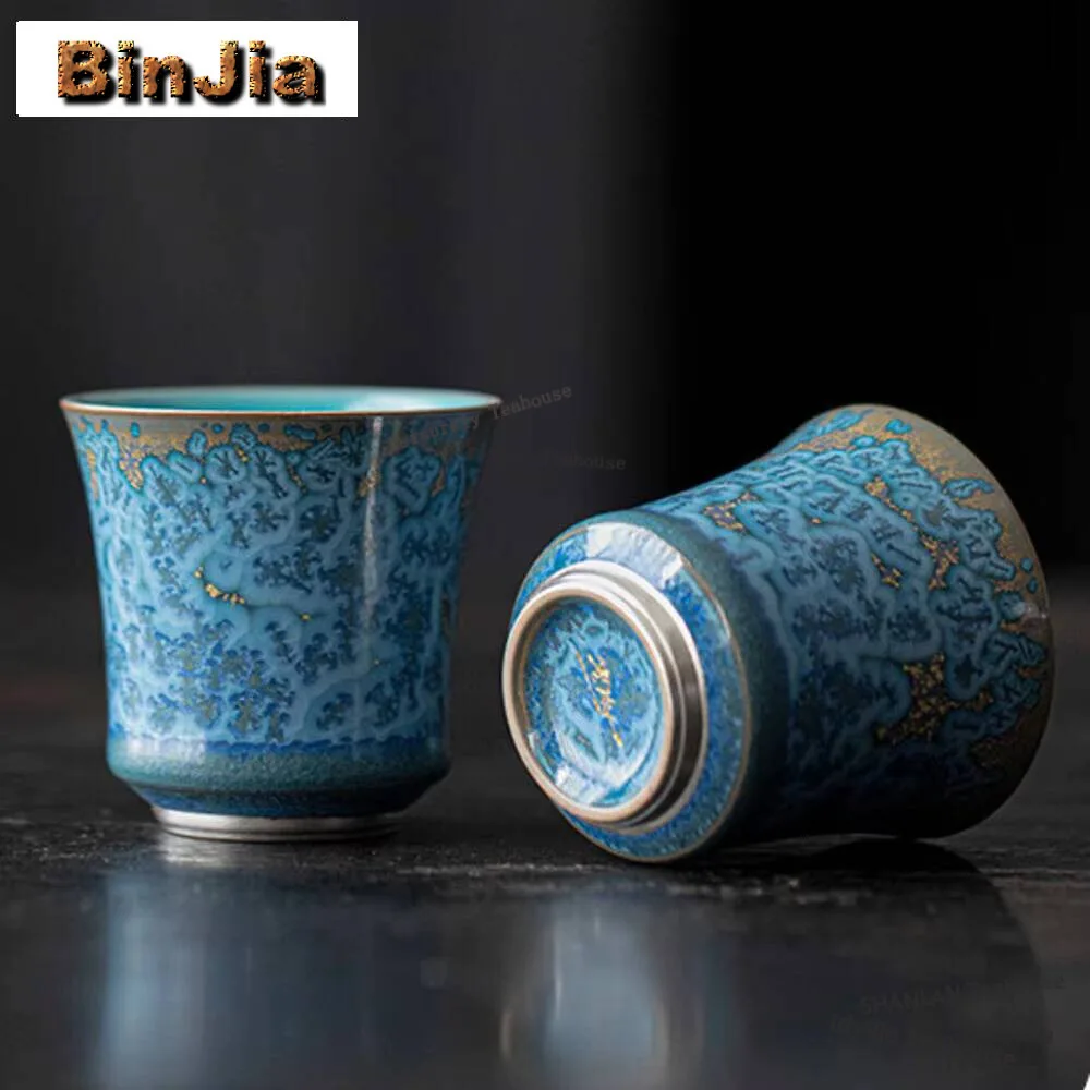 

2pc/set Chinese Kiln Change Blue Dai Ceramic Teacup Handamde Gilded Silver Master Cup Smelling Fragrance Cup Kung Fu Teaset 40ml