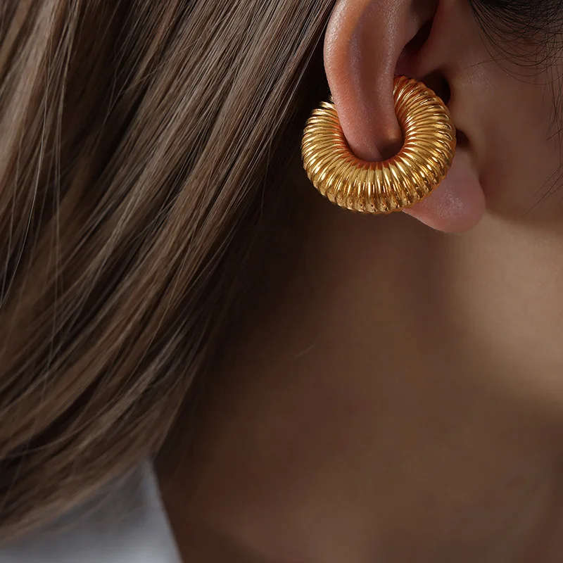 Punk Non Piercing Chunky Circle Clip Earring for Women Gold Color Round Thread Texture Ear Cuff Thick Earclips Jewelry Gifts