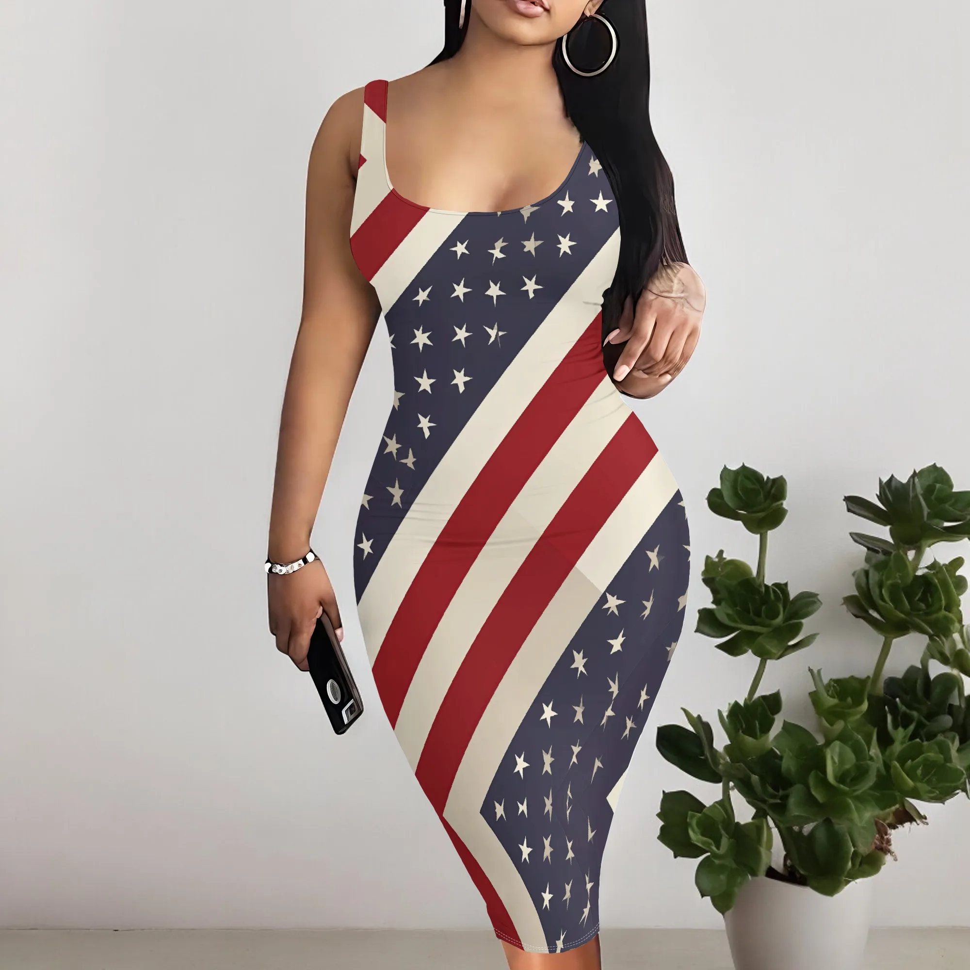 

Patriotic American Flag Bodycon Dress | Sleeveless Red, White & Blue Dress for Independence Day & Memorial Day | S-3XL