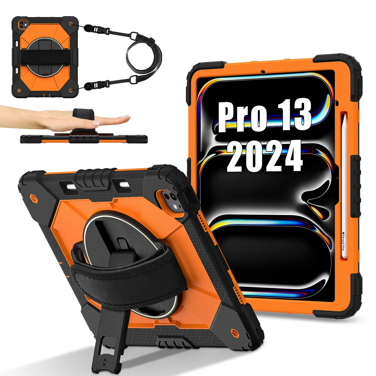 360 Rotating Kickstand Heavy Duty Cover With Shoulder Strap Shockproof Case for iPad Pro13 2024 M4