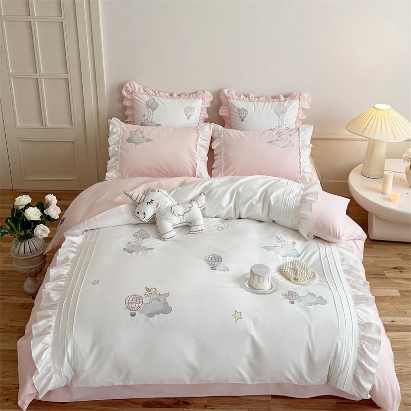 

100% Cotton Cute Cartoon Unicorn Embroidery Bedding Set Single Queen King Duvet Cover Bed Sheet/Fitted Sheet Pillowcases 3/4Pcs