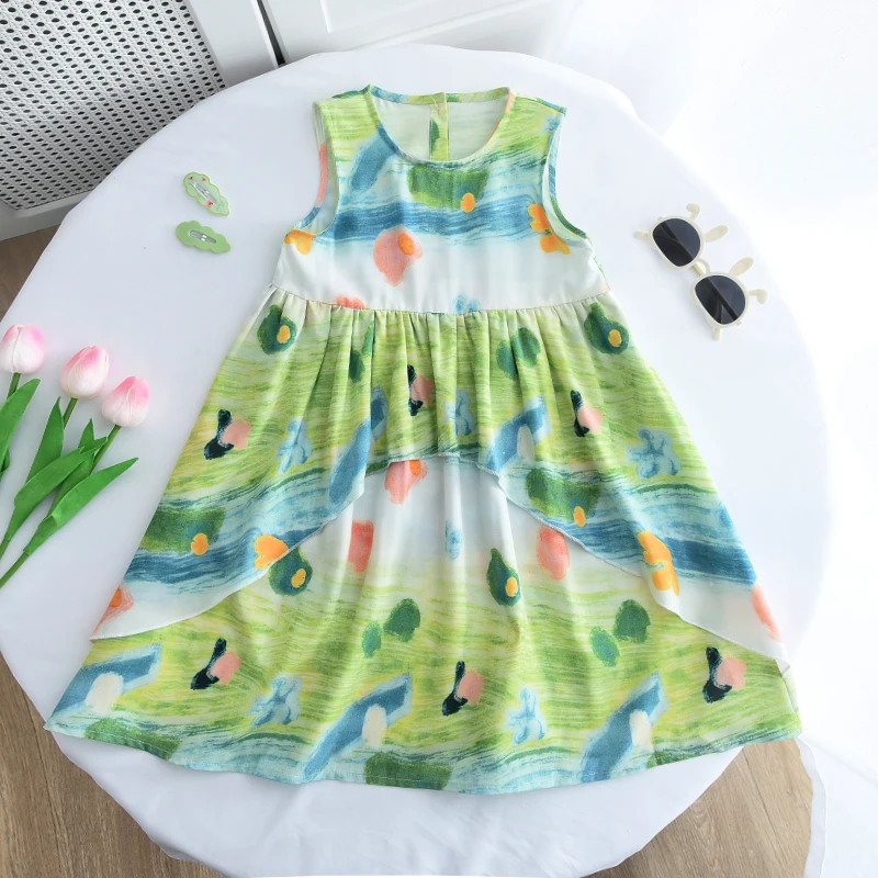 Girls Casual Dresses Floral Graffiti Oil Printing Sleeveless Dress Toddler Girl Clothes Kids Dresses for Girls 3 - 7 Years