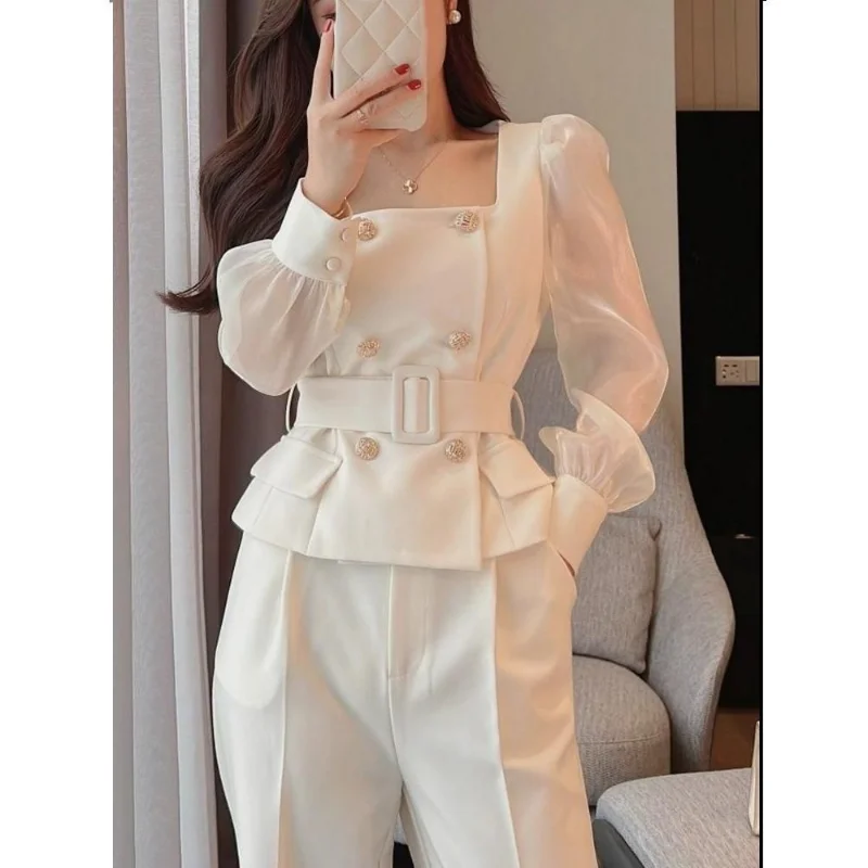 Loose Tailored Trousers Wide Leg Pant Suits Autumn Square Collar Double-breasted Blazers Women Belt Waist Thin Coat 2 Sets