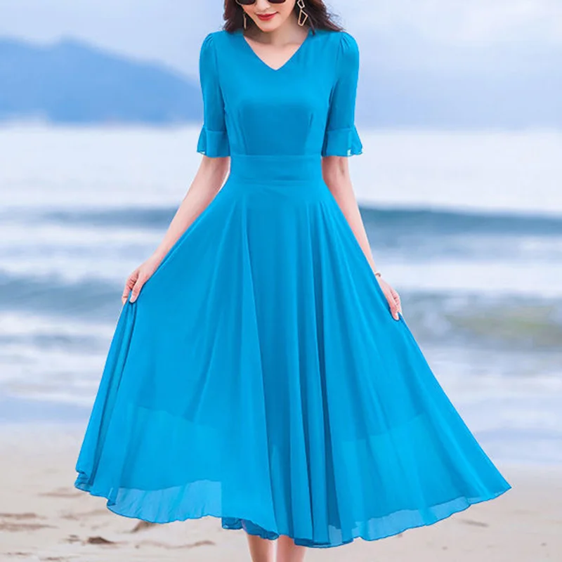 Elegant V-Neck Solid Color Loose Ruffles Long Dress Women's Clothing 2023 Summer New Oversized Office Lady Elegant Dress