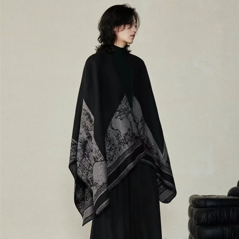 Split Style Shawl Top Imitation Cashmere Cloak Thickened Warm Cloak Autumn and Winter Retro Ethnic Jacket for Men Women