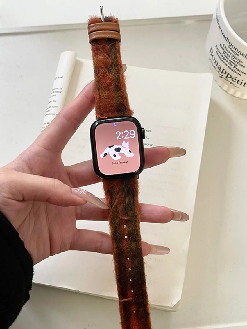 سوار ساعة من الصوف والجلد لساعة أبل iWatch ، 40 ، 44 ، 45 ، 8 ألترا٢ ، 49 ، سوار معصم ، 8 ، 7 ، 6 ، 5 ، 4 ، 41 ، 40 أو