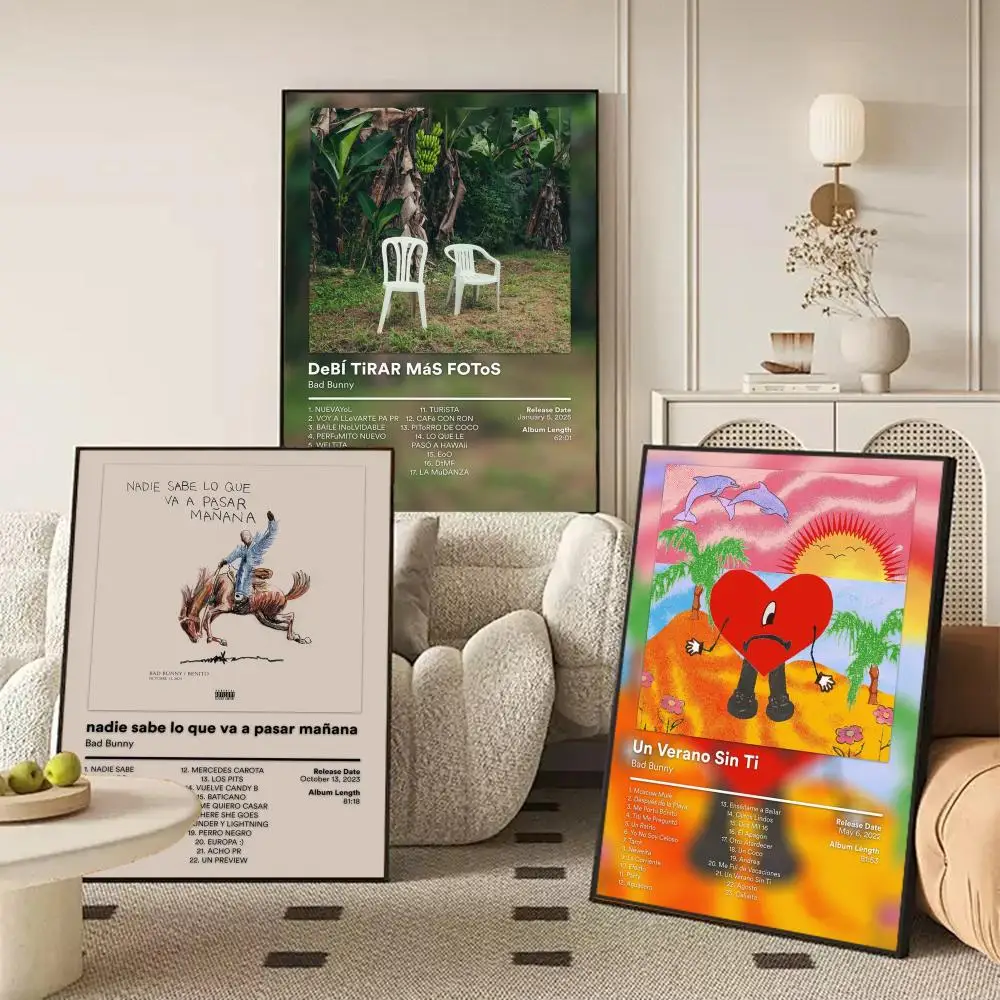 Singer B-Bad B-Bunny Poster Waterproof Self-Stick Wall Art Stickers, Removable Wall Decor for Living Room and Bedroom