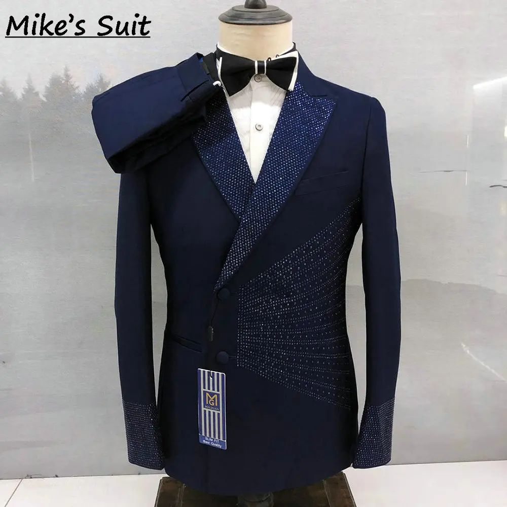 Black Men's Business Suit Silver Crystal For Wedding Groom Wear Prom Man Suits Blazer 2 Pieces Set Jacket+Pant