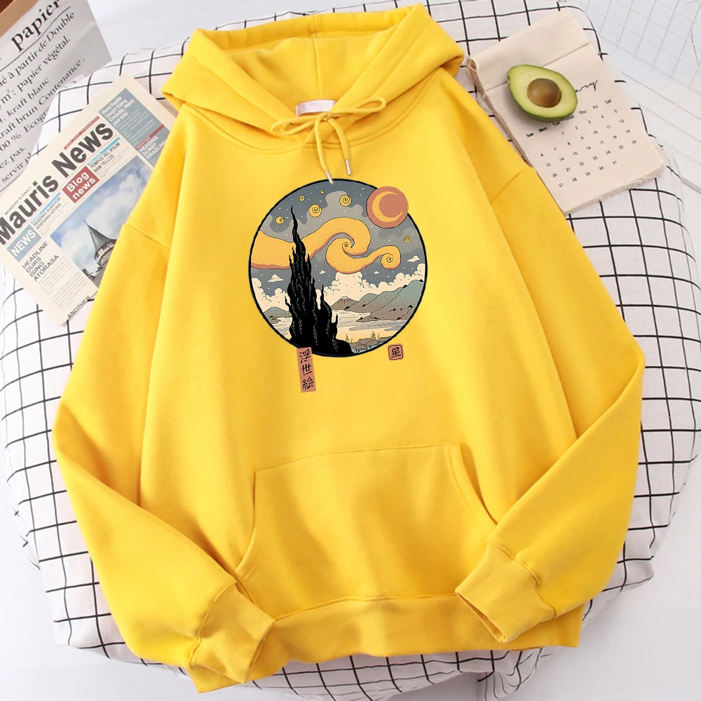 Starry Ukiyo-E Night Printing Hoodie Men Fashion Comfortable Hoody Autumn Fleece Sweatshirt Casual Warm Pullover Tops