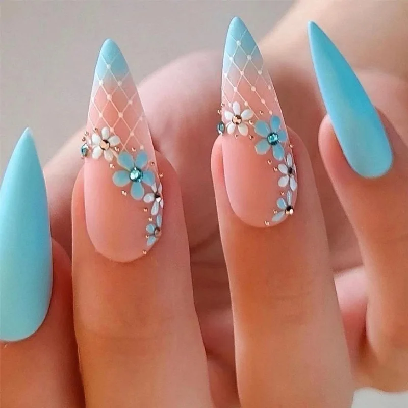 

3D fake nails with flowers design press on nails long french almond tips gradient blue colors DIY manicure decoration false nail