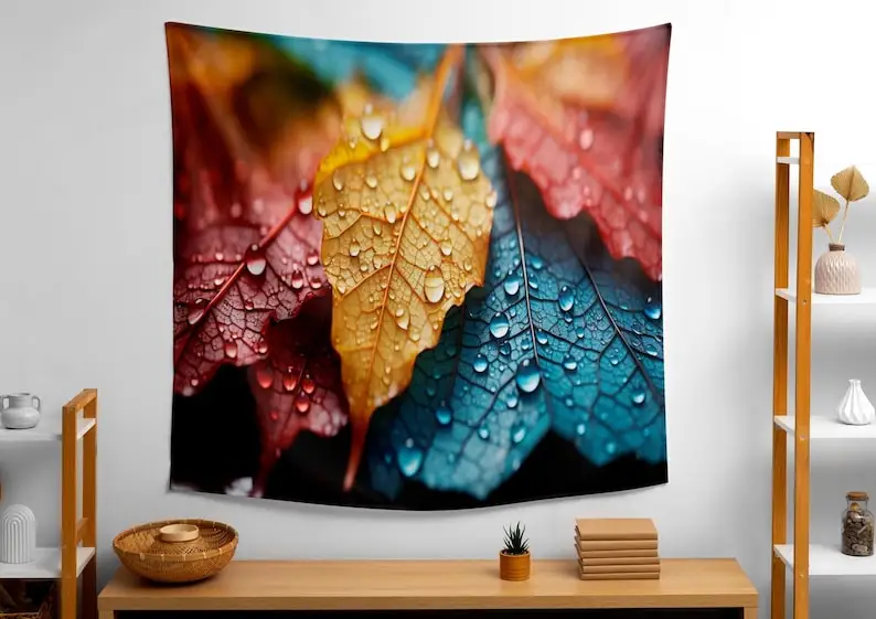 Autumn Leaves Water Drops Wall Tapestry Nature Photography Art Decor for Cozy Home