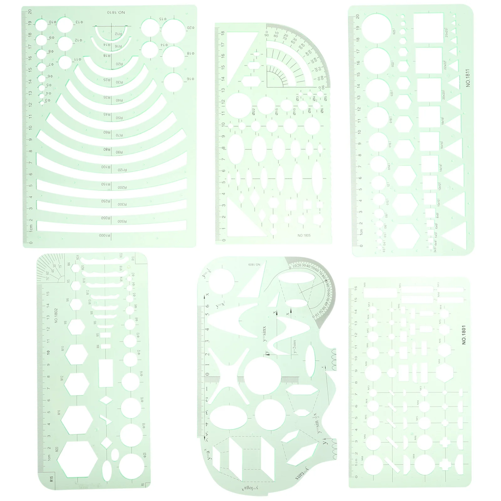 1 set geometrische tekening sjabloon set 6 vormen transparant groen plastic liniaal voor school kantoor kunst tekengereedschappen stencils